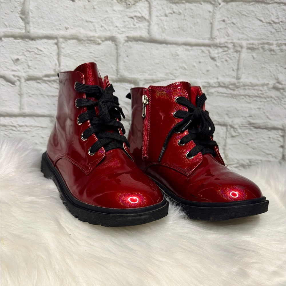 Shiny Red Lace-Up Boots